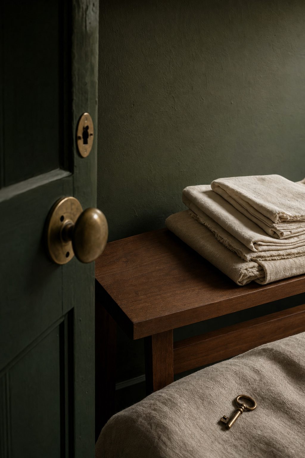 Brass door hardware and folded linens on a walnut bench against a dark green plaster wall