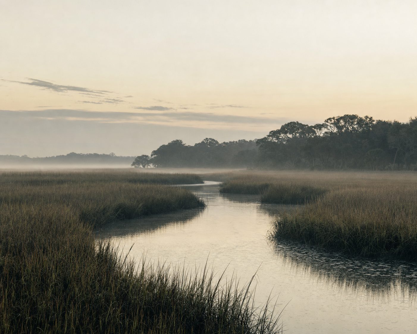 Tidal creek winding through coastal marsh grass at first light in north Florida